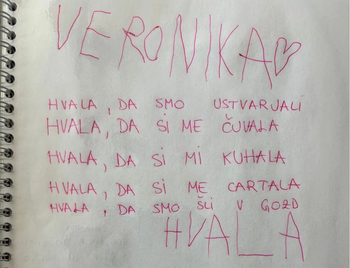 Ročno napisana zahvala Veroniki za ustvarjanje, varstvo, cartanje in obisk gozda; izsek brez imen